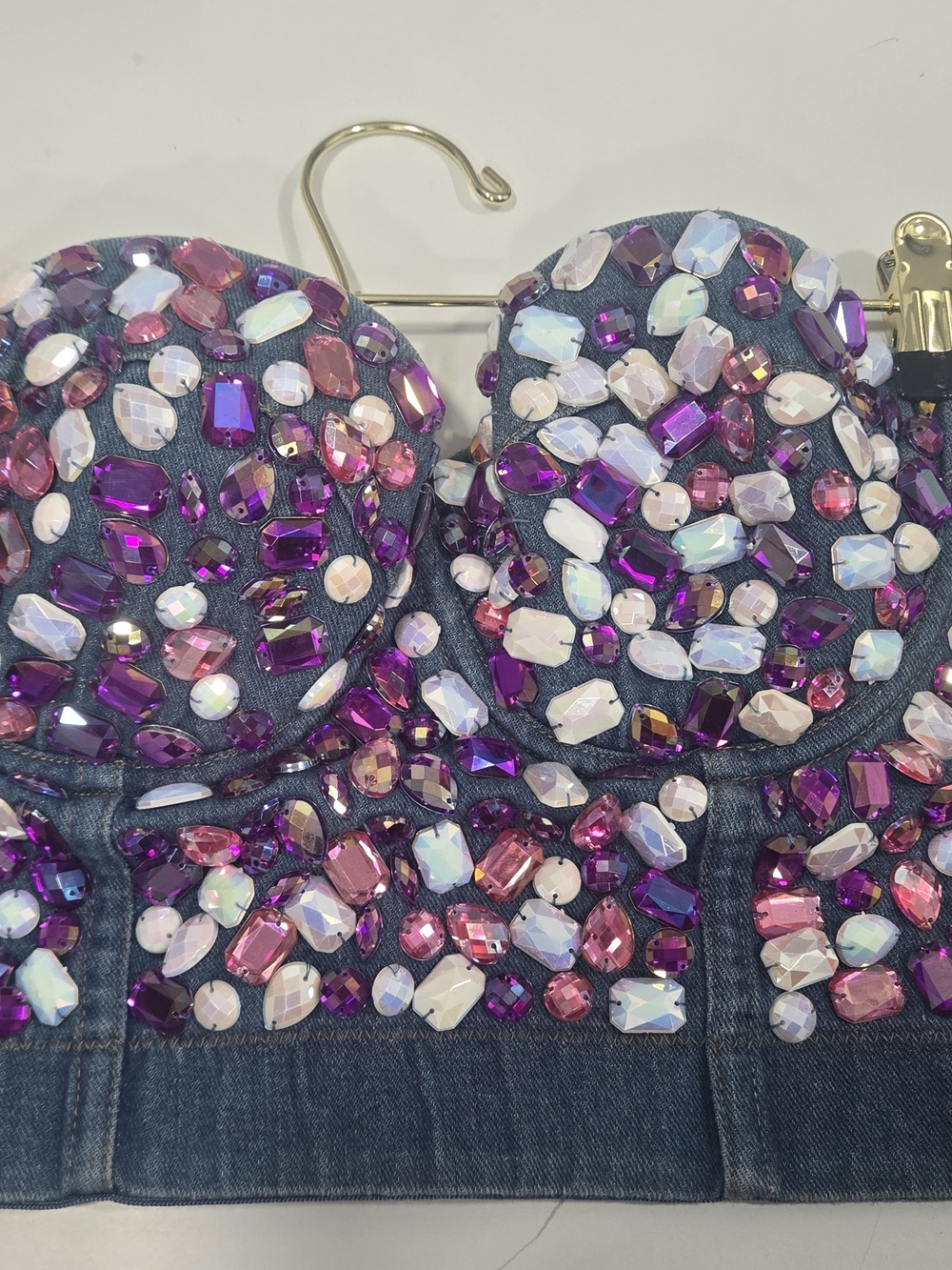 Jeweled Strapless Denim Bustier Dress in Pink & Purple